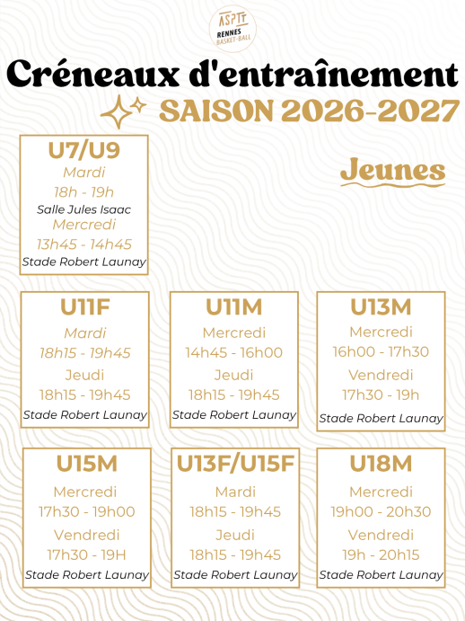 Créneaux entraînements Jeunes